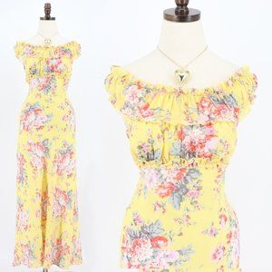 Vintage Moda International Yellow Floral Off the Shoulder Maxi Slip Sundress